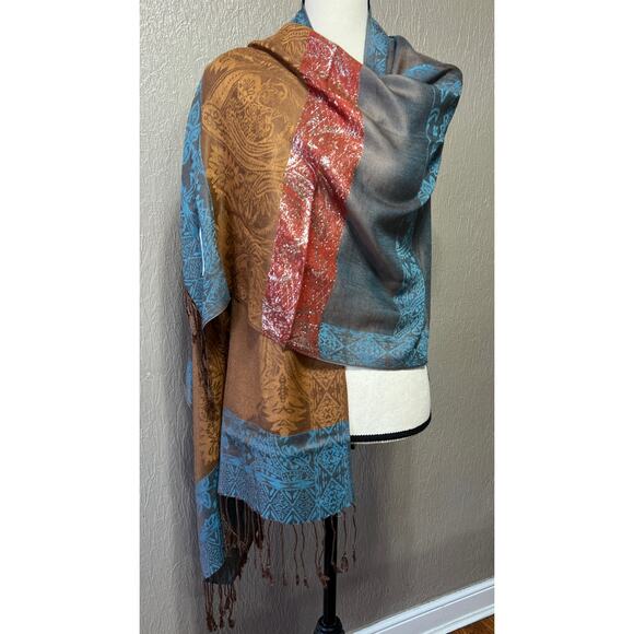 Pashmina Shawl Wraps Wide Scarf Silk Blend Brown Shiny India Size 66" x 26" New - Picture 1 of 9